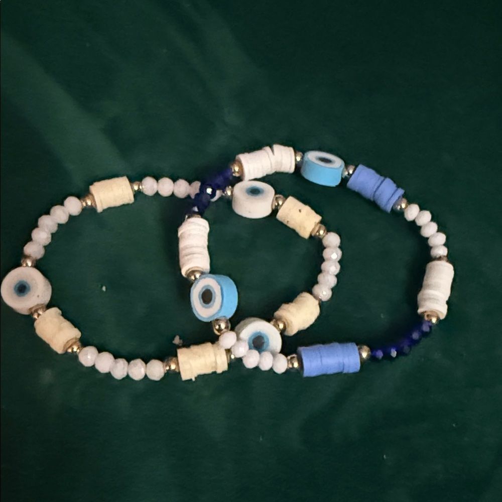Blue and White Beaded Bracelet Set of 2 Eye Bracelets NEW